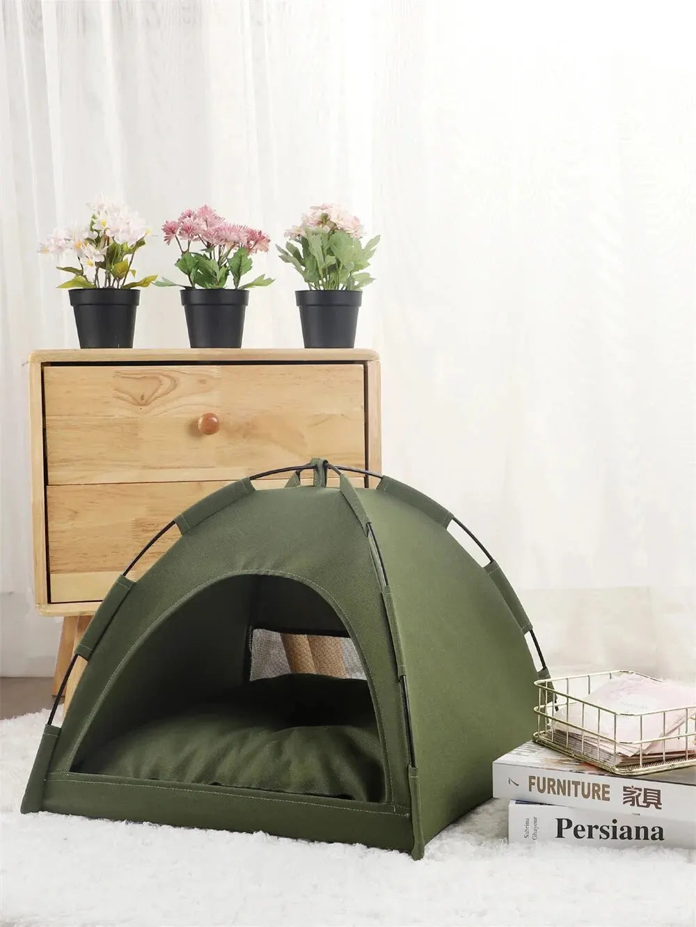 CozyHide: Foldable Pet Nest Tent with Cooling & Warming Pads for All-Season Comfort