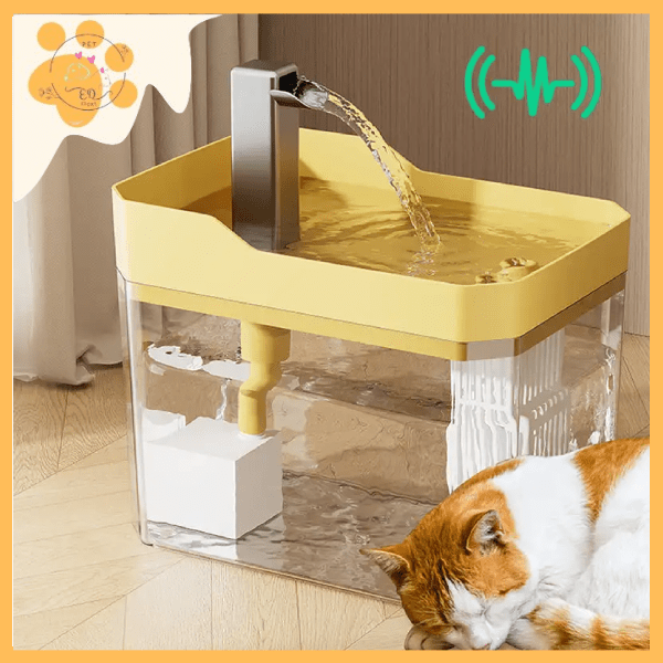 Silent Flow pet water fountain with yellow top and clear tank, cat sleeping beside.