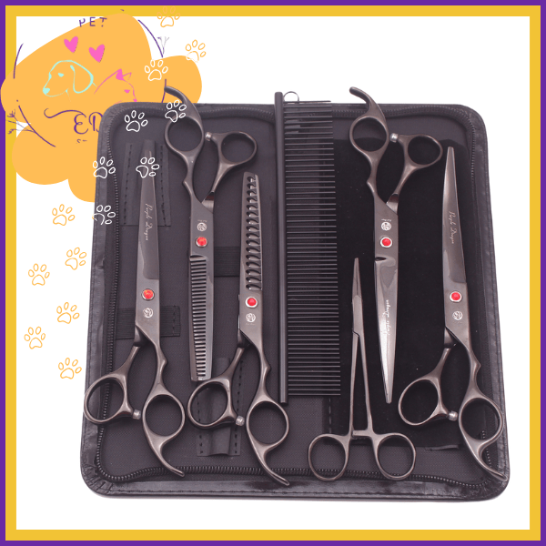 Sleek black grooming shears set with scissors and comb in a black case for pet grooming.