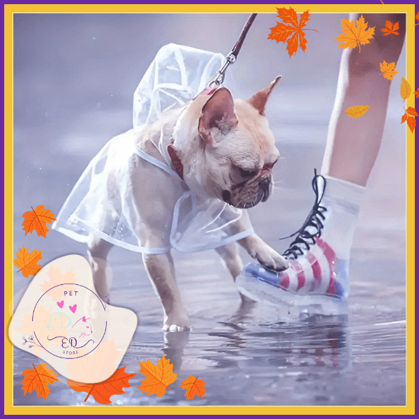 Small dog in clear raincoat walks on wet pavement beside person in striped boots