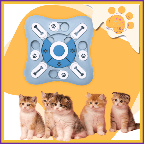 Smart kitten feeder puzzle toy with four adorable kittens on yellow background