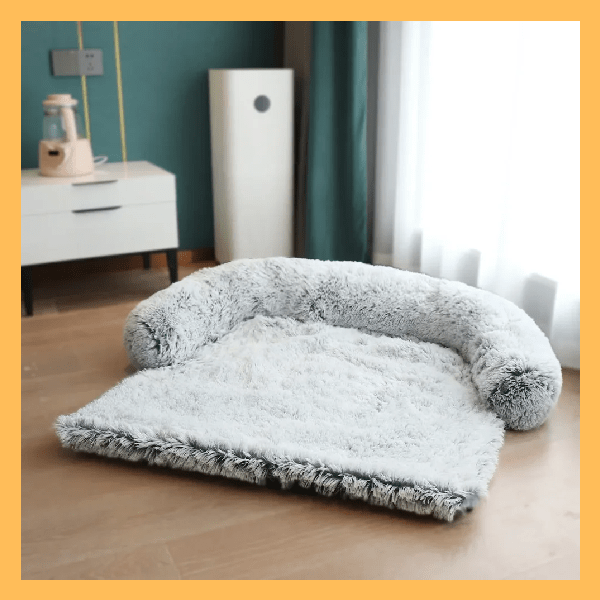 Soft plush dog bed for cozy sleep in modern light-filled room with wooden floor