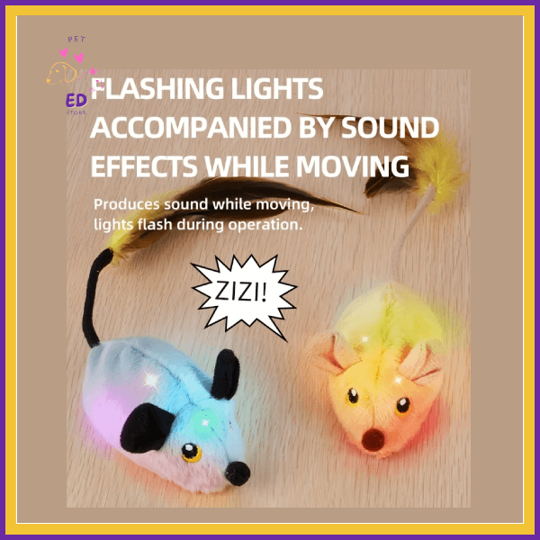 Two toy mice with flashing lights and feather tails on wood surface, cat toy with sound effects