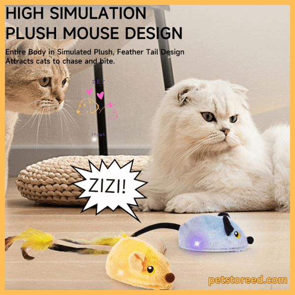 Two cats on floor with plush mouse cat toys featuring feather tails and simulated fur.