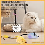 Two cats on floor with plush mouse cat toys featuring feather tails and simulated fur.