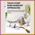 Gray cat playing with touch sensing mouse toy for pets on white surface near green plant
