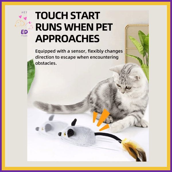 Gray cat playing with touch sensing mouse toy for pets on white surface near green plant