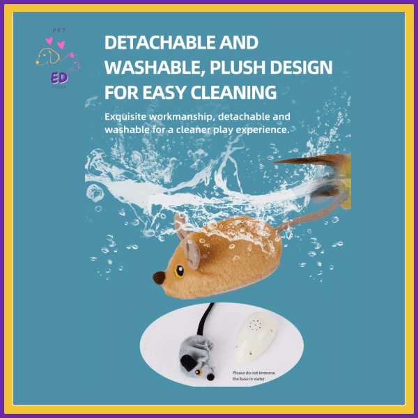 Detachable washable plush mouse cat toy with easy cleaning design, shown in water splash.