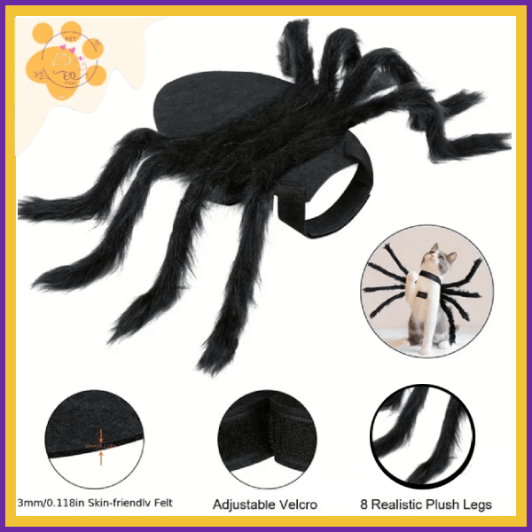 Black spider costume with realistic plush legs and velcro, shown on a cat for Halloween.