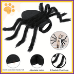 Black spider costume with realistic plush legs and velcro, shown on a cat for Halloween.