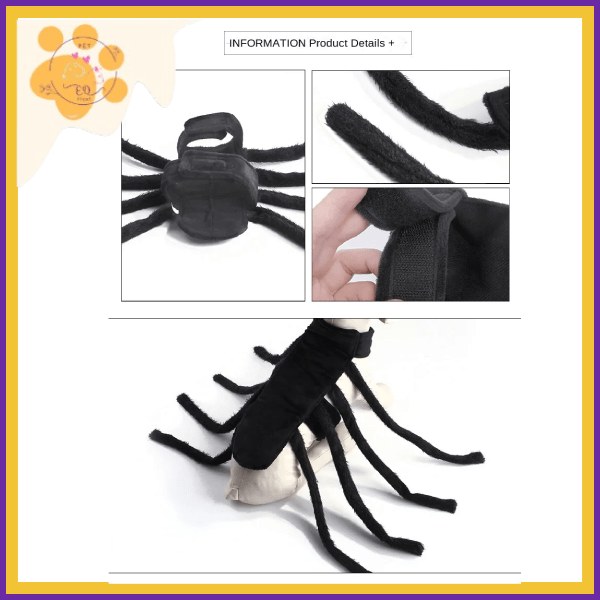 Black spider dog costume with velcro straps, plush legs, and close-up detail views.
