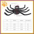 Spider dog costume size chart with neck, chest, and back measurements in cm