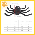 Spider dog costume size chart with neck, chest, and back measurements in cm