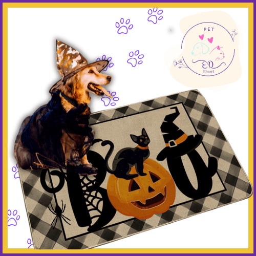 Dog in witch costume on Halloween Boo doormat with pumpkin, black cat, and spider, pet store logo