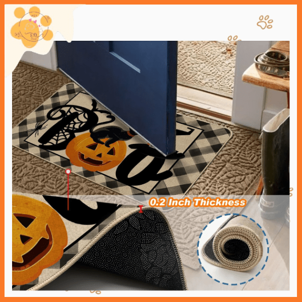 Halloween indoor doormat with pumpkin and BOO design by open blue door, 0.2 inch thick.