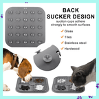 Gray suction cup lick mat for pets with dog and cat eating from textured mats