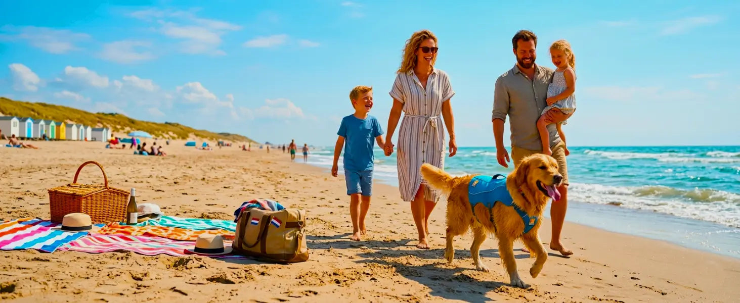 Happy family with golden retriever enjoying a sunny summer day on a Dutch beach, with picnic basket and travel bags_Petstore_ED