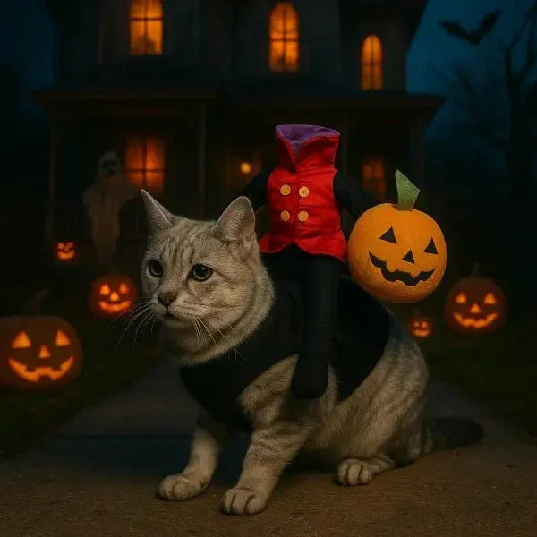 Tabby cat wearing the headless horseman costume among lit jack-o'-lanterns at night