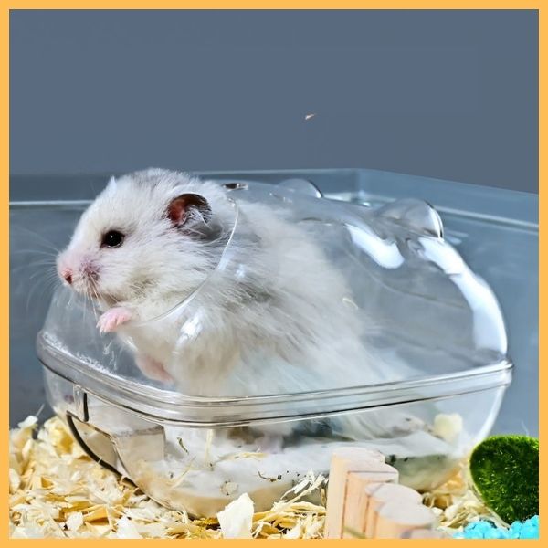 Fluffy hamster in a clear plastic sand bath in a cage with wood shavings and toys