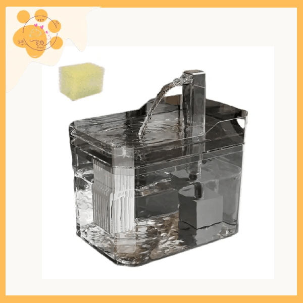 Transparent pet hydration station with flowing water, filter and cleaning sponge
