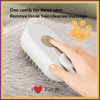 Hand using triple action pet grooming brush for cleaning, massaging, and removing loose hair