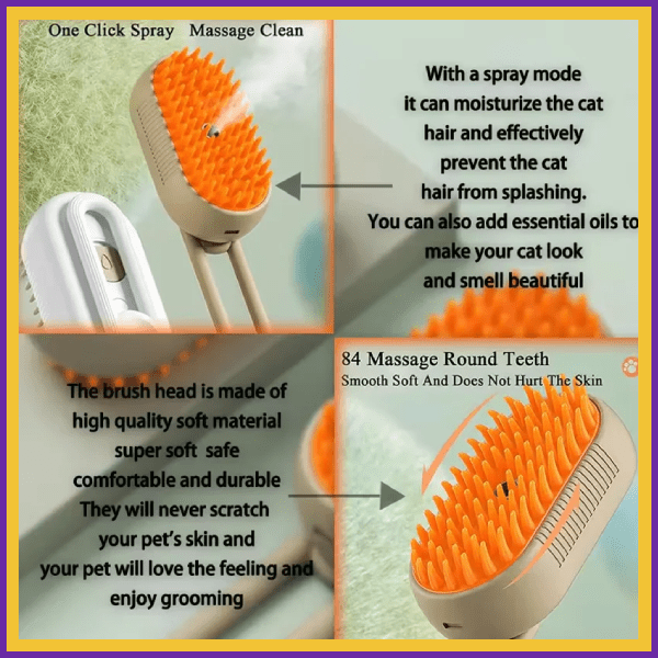 3-in-1 cat grooming spray massage brush with orange soft bristles and ergonomic handle