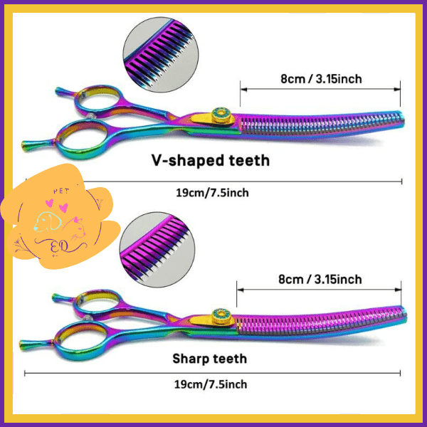 V-shaped and sharp teeth grooming shears, rainbow finish, 19cm length, pet scissors