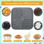 Versatile lick mat with four textured sections for pet food, wet food, yogurt, and peanut butter.