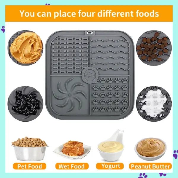 Versatile lick mat with four textured sections for pet food, wet food, yogurt, and peanut butter.