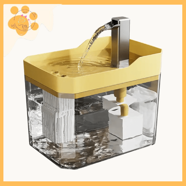 Yellow pet water fountain with filter, transparent tank, and modern design