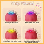 Pet toy ball modes guide with blue, purple, yellow, and red light indicators, tutorial