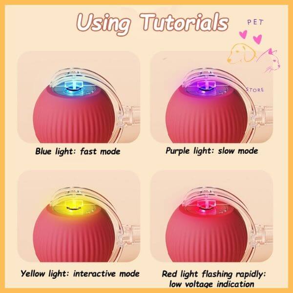 Pet toy ball modes guide with blue, purple, yellow, and red light indicators, tutorial