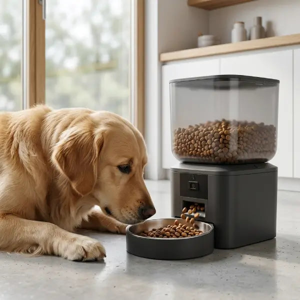 Smart pet feeder with camera close-up showing food dispensing mechanism beside labrador eating from bowl in modern home kitchen