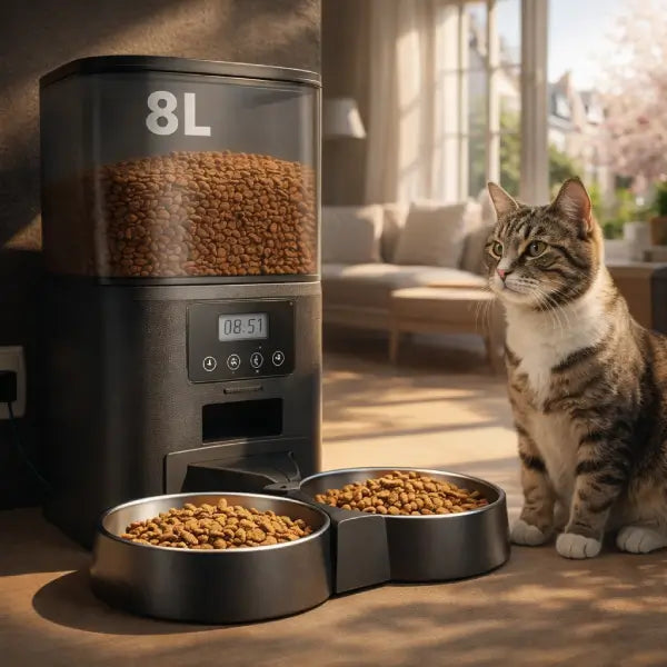 PawClock large capacity timed cat feeder with dual bowls and cat in natural home setting