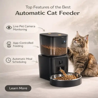Automatic cat feeder with camera live monitoring and automatic meal scheduling