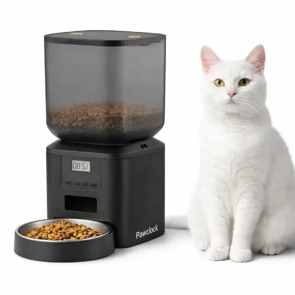 PawClock programmable automatic cat feeder with transparent food reservoir and white cat
