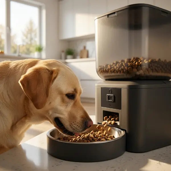 Remote pet monitoring feeder with camera module and stainless steel bowl beside golden retriever lying on clean home floor