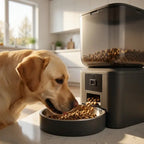 Remote pet monitoring feeder with camera module and stainless steel bowl beside golden retriever lying on clean home floor