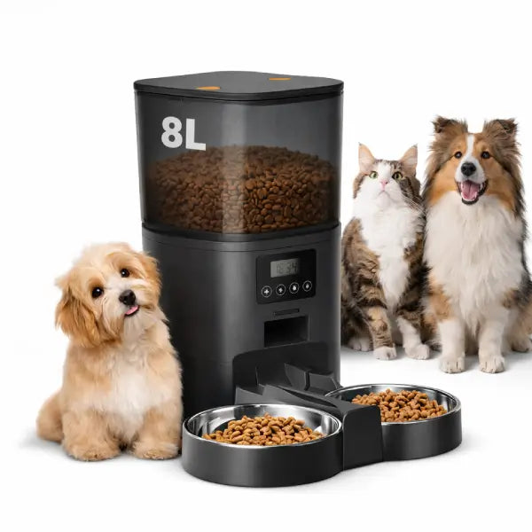 Automatic pet feeder 8L with transparent reservoir and twin bowls for mixed pet families
