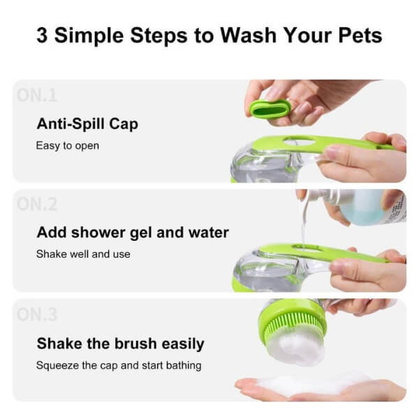Pet bath brush instructions showing anti-spill cap, adding shower gel, and shaking brush.