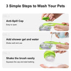 Pet bath brush instructions showing anti-spill cap, adding shower gel, and shaking brush.