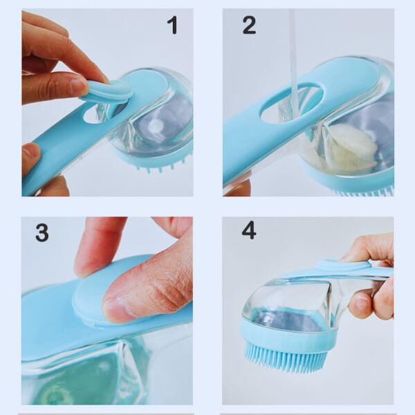 Step-by-step guide to using a blue pet bath brush with soap dispenser
