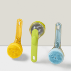 Blue and yellow silicone pet bath brushes with handles displayed on white surface