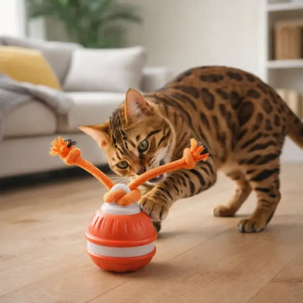 Natural home scene showing interactive cat toys encouraging movement and curiosity