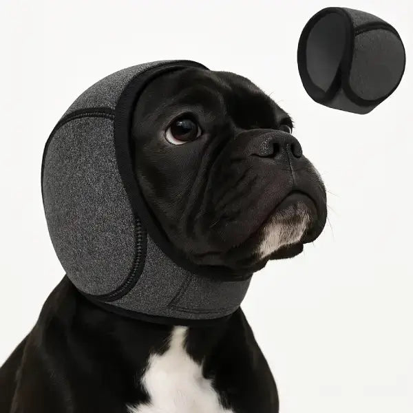 Protective dog wrap for anxiety with secure design shown on bulldog.