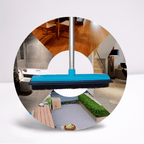 Blue silicone multi-surface broom with images of floors, bathroom, stairs, and outdoor patio