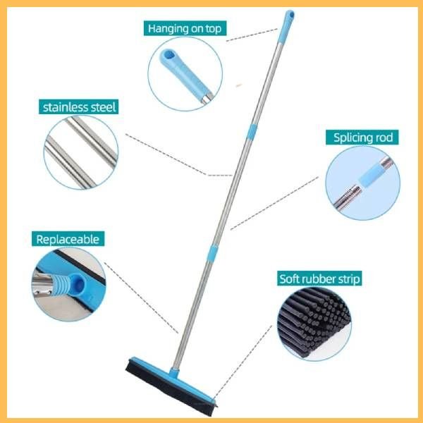 Stainless steel silicone broom with splicing rod, soft rubber strip, blue handle, replaceable head