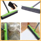 Rubber broom with green handle cleaning pet hair from carpet and liquid from hard surfaces