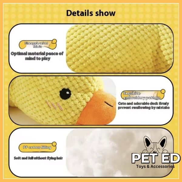 Soft yellow calming duck toy with textured plush fabric, embroidered details, and cotton filling