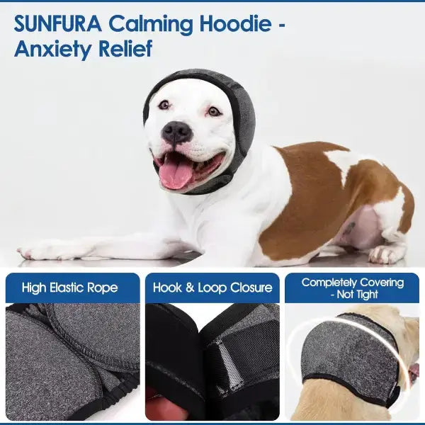 Grey anti-noise calming hoodie for pets, perfect for dogs scared of loud sounds or fireworks.